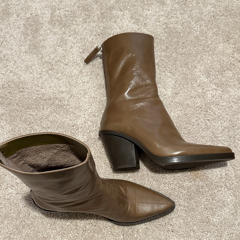 Elegant Army Green Leather Ankle Boots